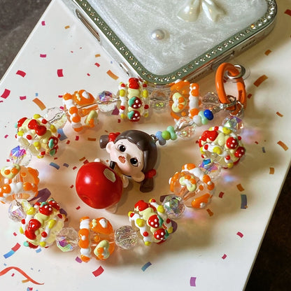 Cute Handmade Candy Beaded Keychain – Adorable Girl with Red Apple Charm Phone Chain – Colorful Beads Mobile Strap – Unique Bag Accessory & Gift for Teens