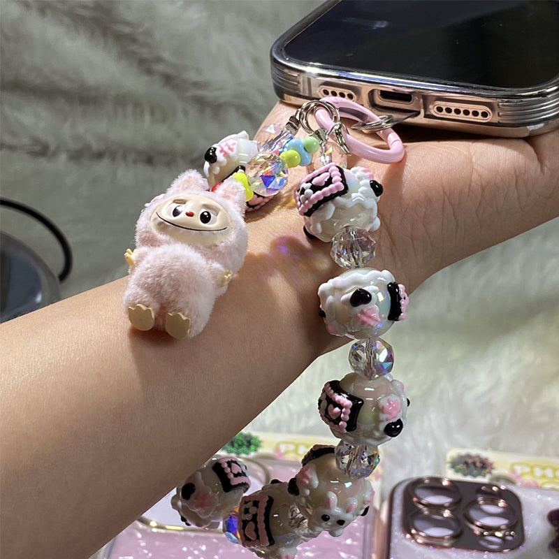 Kawaii Labubu Plush Charm Phone Strap – Handmade Beaded Keychain with Cute Dog Pendant & Glass Beads – Soft Girl Aesthetic Accessory