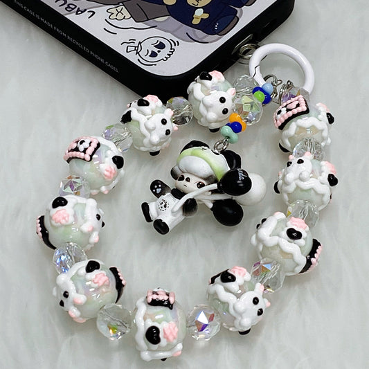 Handmade Kawaii Panda Dimo Beaded Keychain – Cute Black & White Doll Charm with Pink Details – Crystal Beads Phone Strap & Bag Accessory