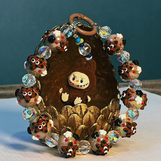 Labubu Yeti Style Phone Strap – Handmade Beaded Charm with Fuzzy Monster Doll & Cookie-Inspired Glass Beads – Cute Keychain & Bag Accessory