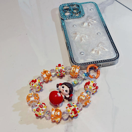 Cute Handmade Candy Beaded Keychain – Adorable Girl with Red Apple Charm Phone Chain – Colorful Beads Mobile Strap – Unique Bag Accessory & Gift for Teens