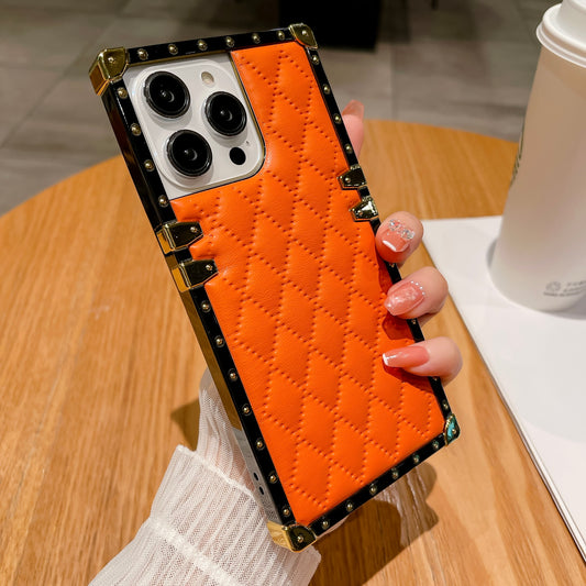 Quilted Leather iPhone Case – Luxury Diamond Pattern with Metallic Edges, Protective and Stylish Case for iPhone16/15/14/13, Available in Pink, Orange, and Black Style