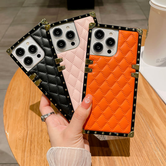 Quilted Leather iPhone Case – Luxury Diamond Pattern with Metallic Edges, Protective and Stylish Case for iPhone16/15/14/13, Available in Pink, Orange, and Black Style