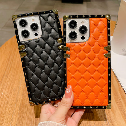 Quilted Leather iPhone Case – Luxury Diamond Pattern with Metallic Edges, Protective and Stylish Case for iPhone16/15/14/13, Available in Pink, Orange, and Black Style