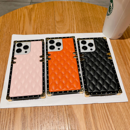 Quilted Leather iPhone Case – Luxury Diamond Pattern with Metallic Edges, Protective and Stylish Case for iPhone16/15/14/13, Available in Pink, Orange, and Black Style