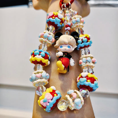 Dimoo Mickey Style Phone Strap – Handmade Cream Beaded Charm with Cute Cartoon Doll & Crystal Beads – Kawaii Bag Accessory & Toy Gift