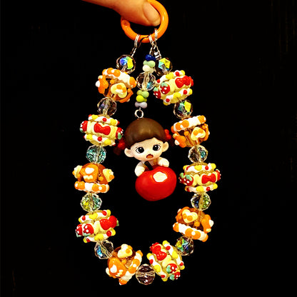 Cute Handmade Candy Beaded Keychain – Adorable Girl with Red Apple Charm Phone Chain – Colorful Beads Mobile Strap – Unique Bag Accessory & Gift for Teens